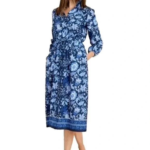 Talbots Dress 4P Womens Blue Floral A Line 3/4 Balloon Sleeve Drawstring Waist - Picture 1 of 14